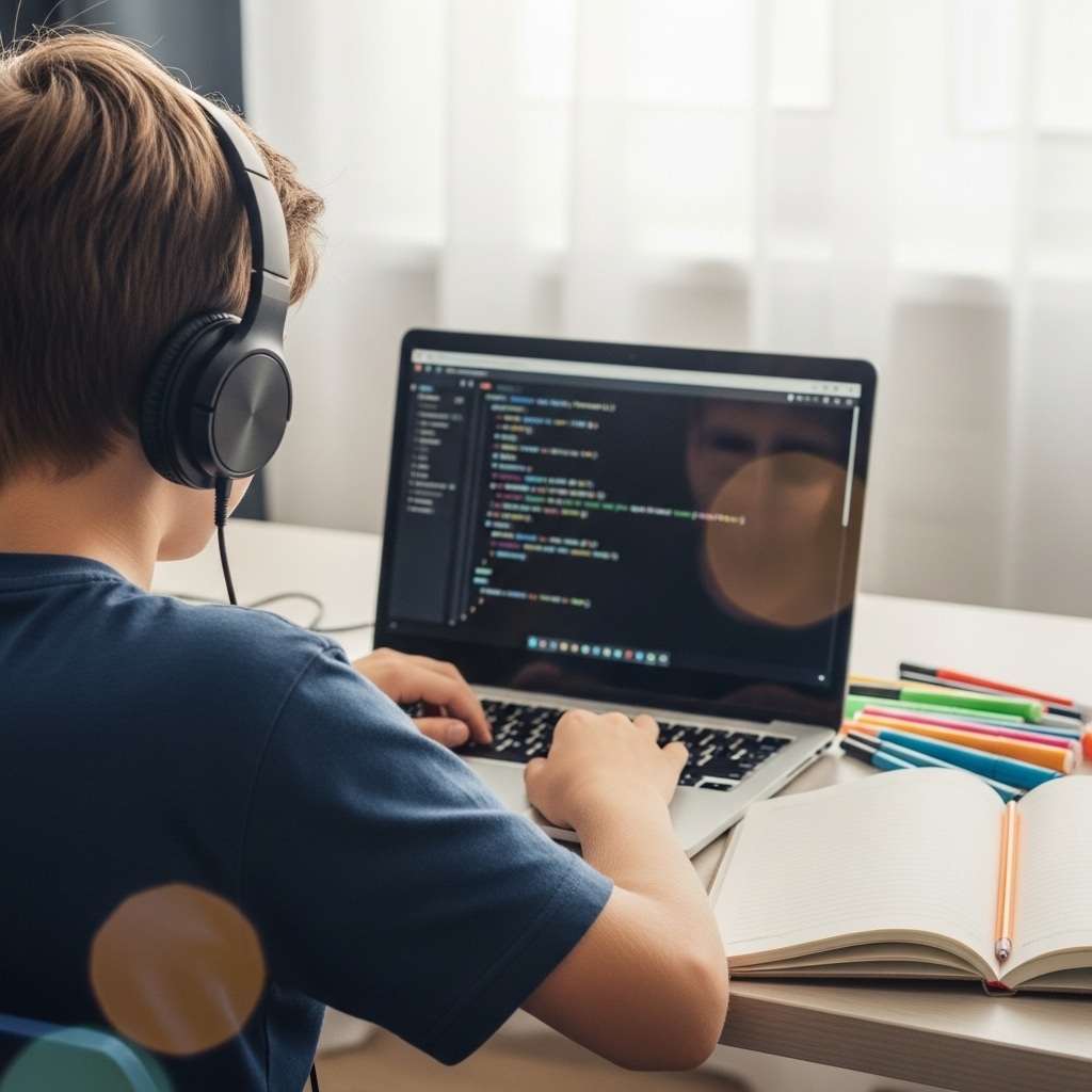 Мальчик программирует на языке python